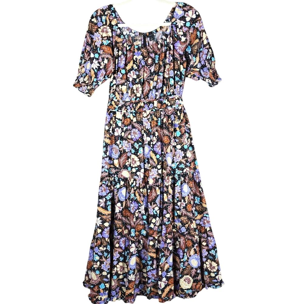 Ann Taylor Dress Womens 0T Tall Batik Midi Flare Black Floral Tropical Tiered